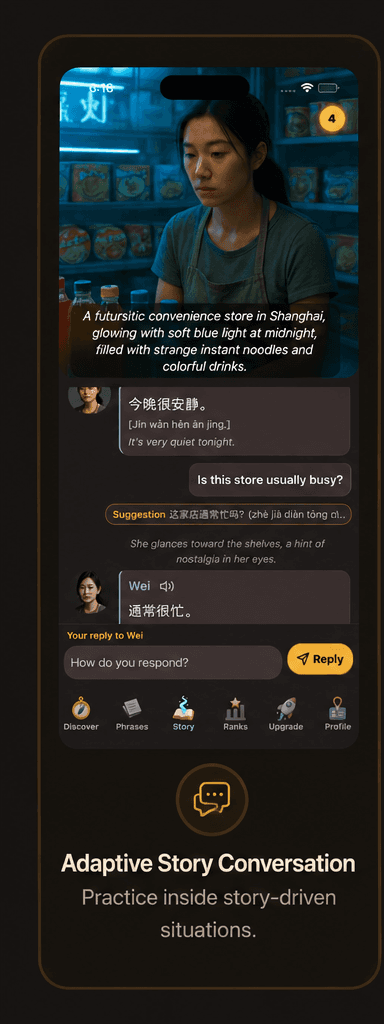 AHEM adaptive story conversation screen showing a Shanghai convenience store dialogue.