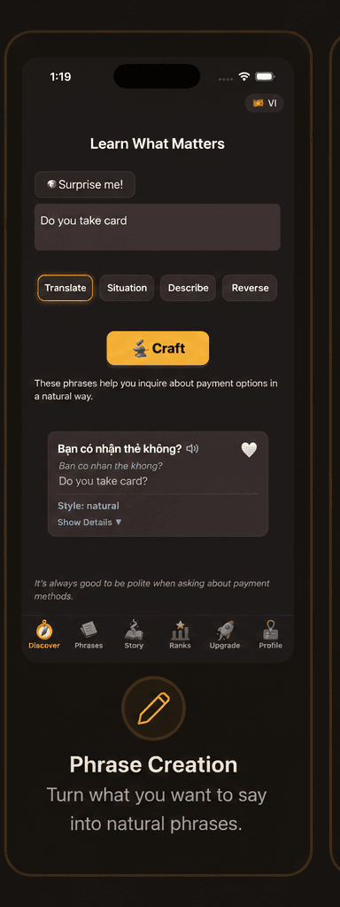 AHEM phrase creation screen for turning a user request into a natural phrase.