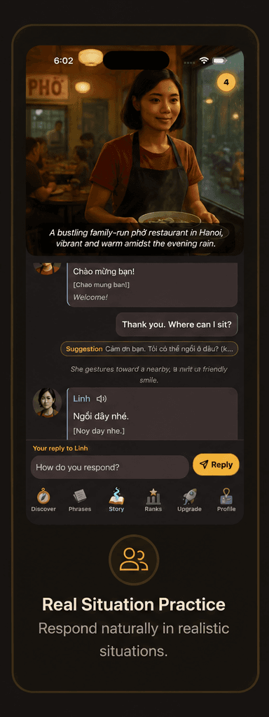AHEM real situation practice screen showing a restaurant story conversation.