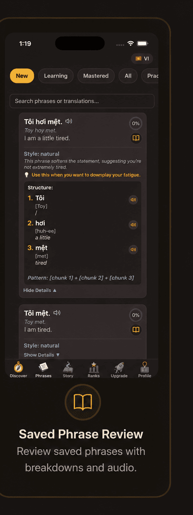 AHEM saved phrase review screen showing phrase breakdowns and audio review.